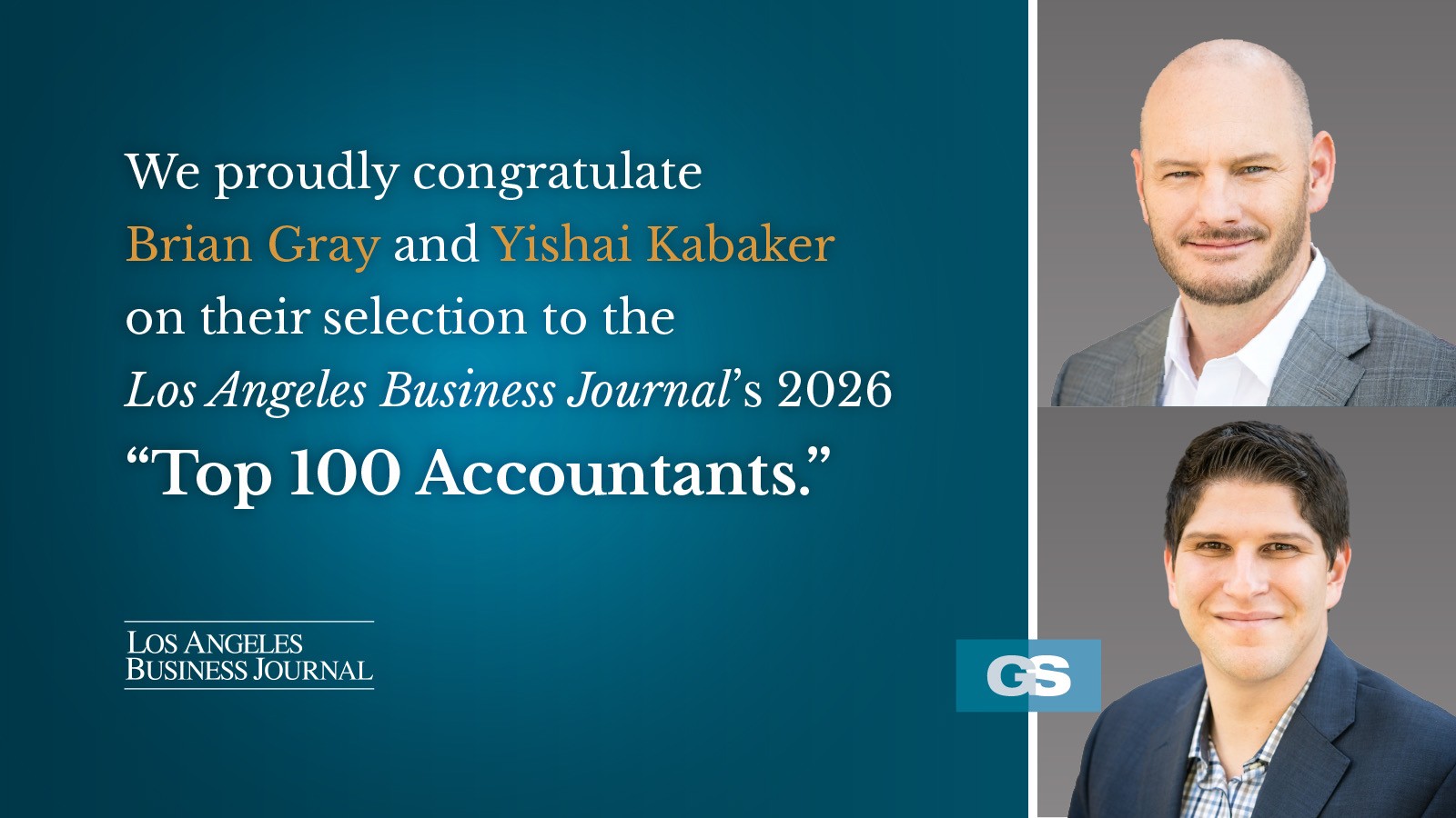 Brian Gray and Yishai Kabaker recognized as Top 100 Accountants by the Los Angeles Business Journal